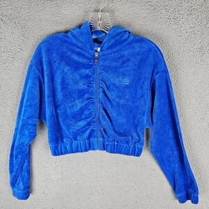 Juicy Couture Crop Jacket Women XS Velour Stretch Hooded Ruched Zip-Up J2SJV501P